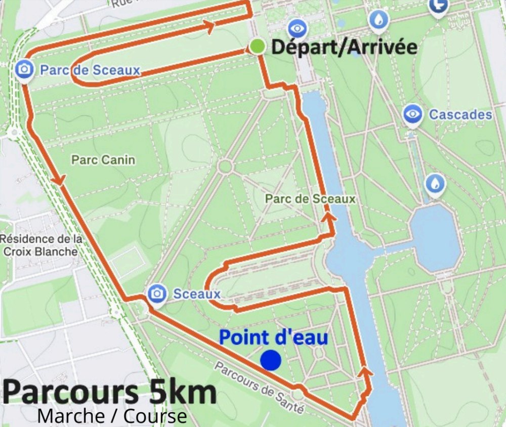 Carte du parcours 5 km course et marche 2026 dans le Parc de Sceaux, avec départ/arrivée et point d’eau
