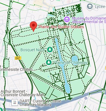 Plan du Parc de Sceaux : le départ se situe sur la Plaine des Quatre Statues, au nord-ouest du parc